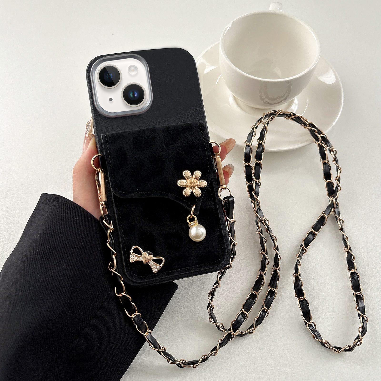 For iPhone 15 Leather Leopard Print Card Bag Phone Case with Crossbody Chain(Black) - Shopkiz.com