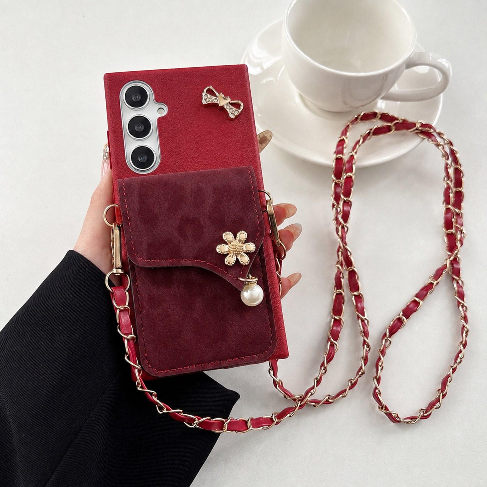 For Galaxy A37 5G Leather Leopard Print Card Bag Phone Case with Crossbody Chain(Red) - Shopkiz.com