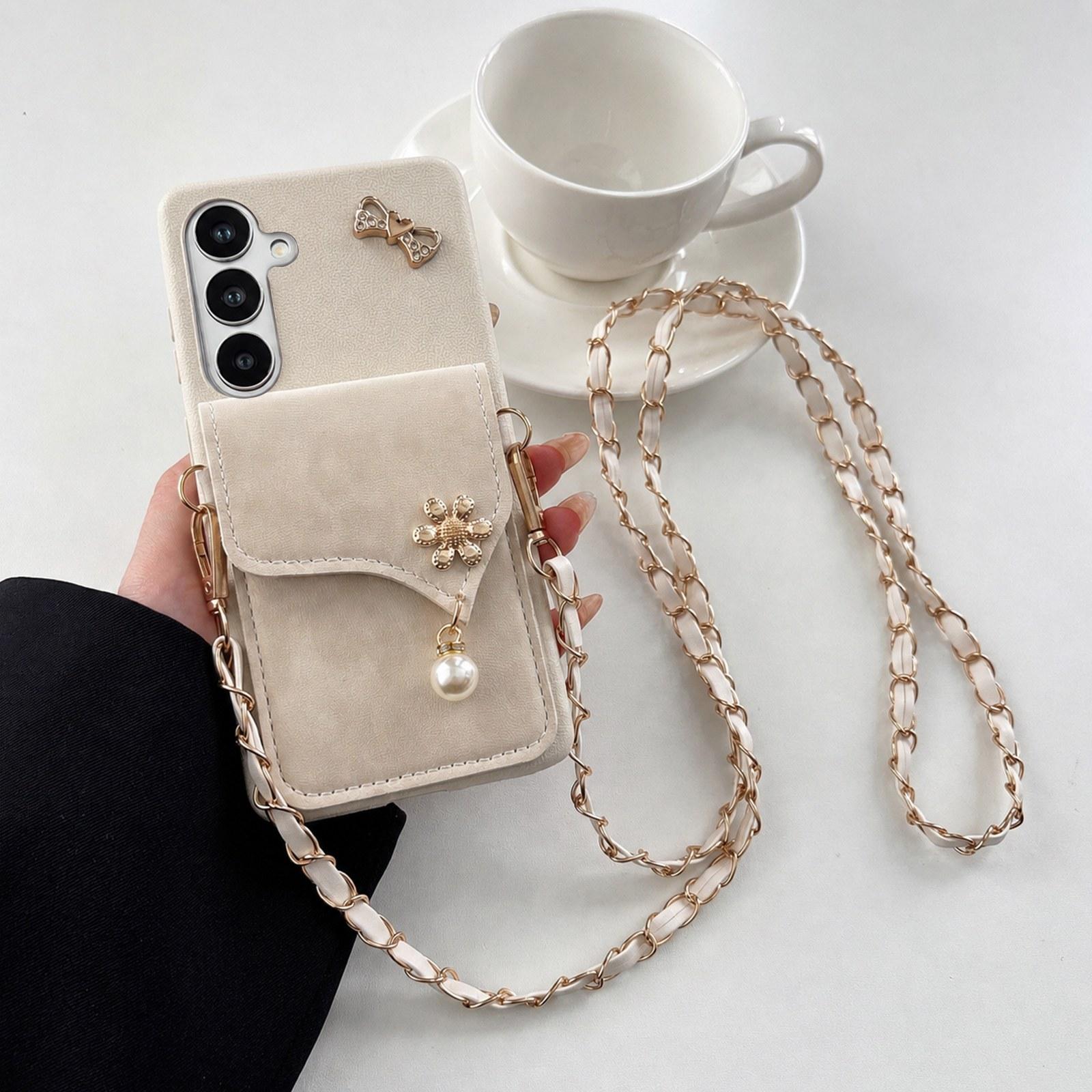 For Galaxy A17 5G Leather Leopard Print Card Bag Phone Case with Crossbody Chain(Apricot) - Shopkiz.com