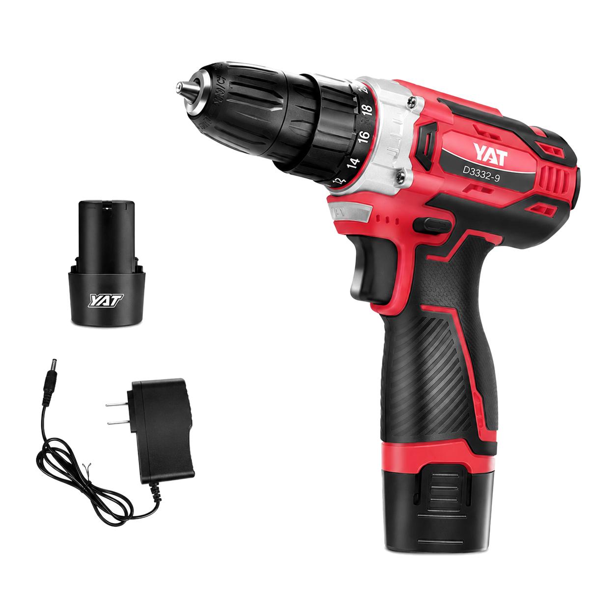 YAT D3303-9 Cordless Electric Drill Driver, Lithium Battery Power Drill Screwdriver for Wood, Plastic and Metal(Black Red) - Shopkiz.com