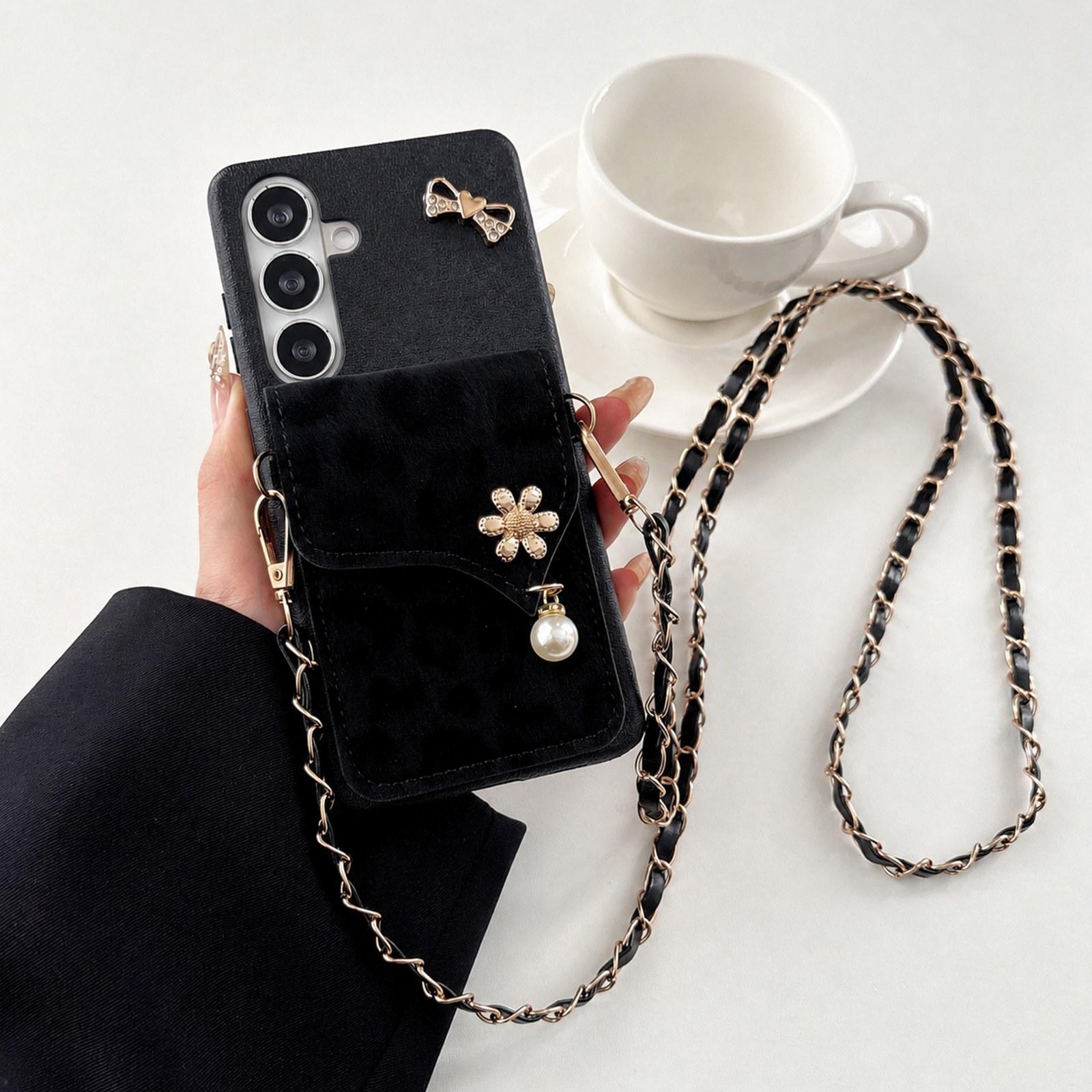For Galaxy S26 5G Leather Leopard Print Card Bag Phone Case with Crossbody Chain(Black) - Shopkiz.com