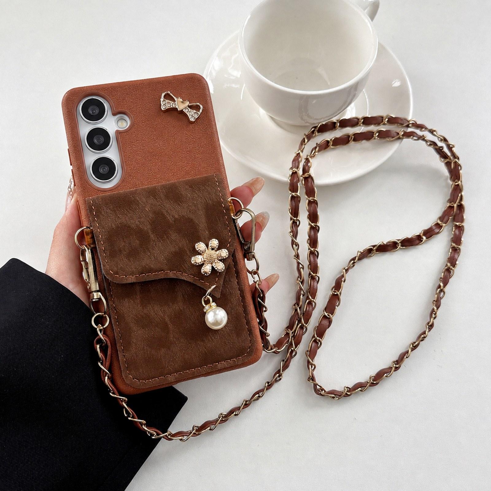 For Galaxy S25 FE 5G Leather Leopard Print Card Bag Phone Case with Crossbody Chain(Brown) - Shopkiz.com