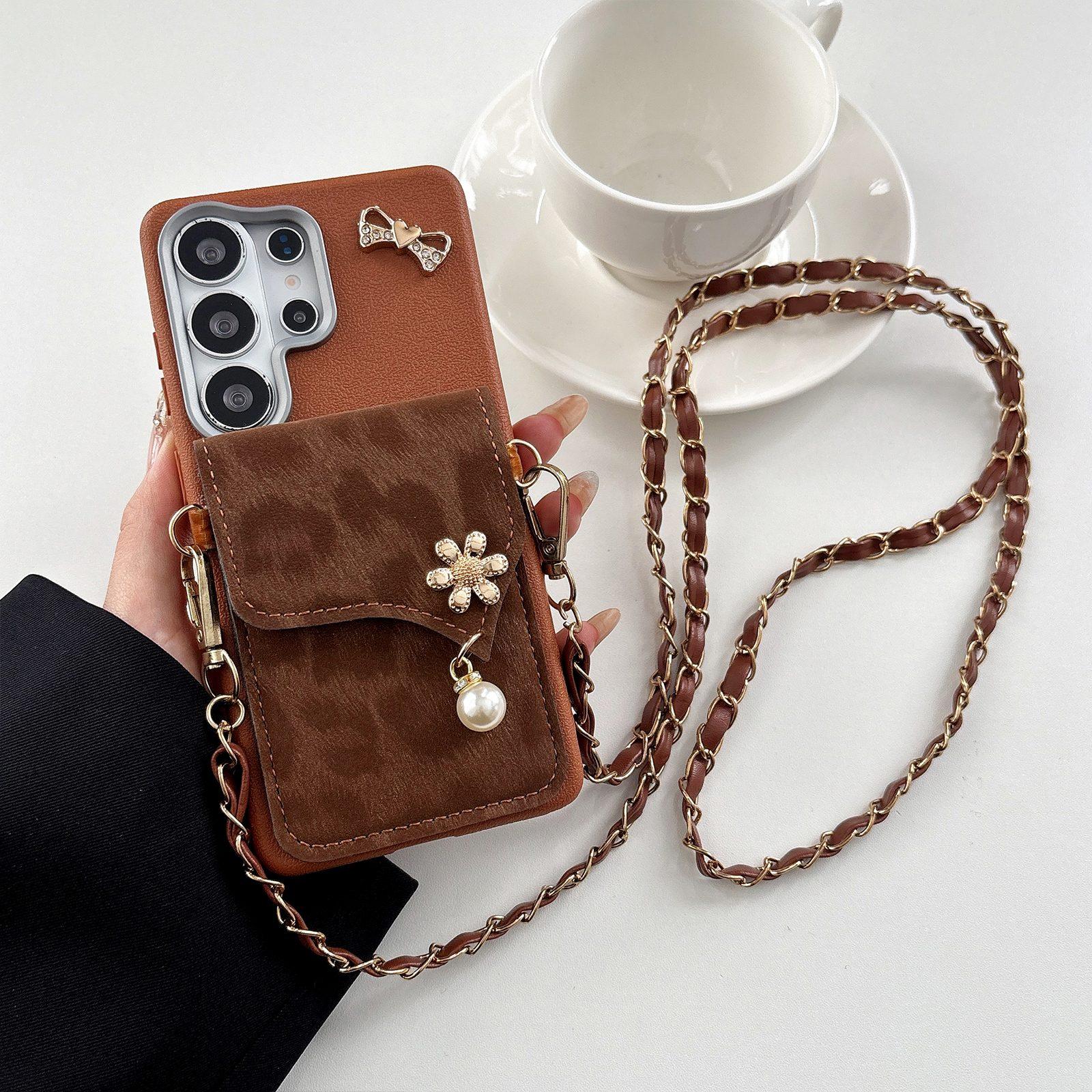 For Galaxy S25 Ultra 5G Leather Leopard Print Card Bag Phone Case with Crossbody Chain(Brown) - Shopkiz.com