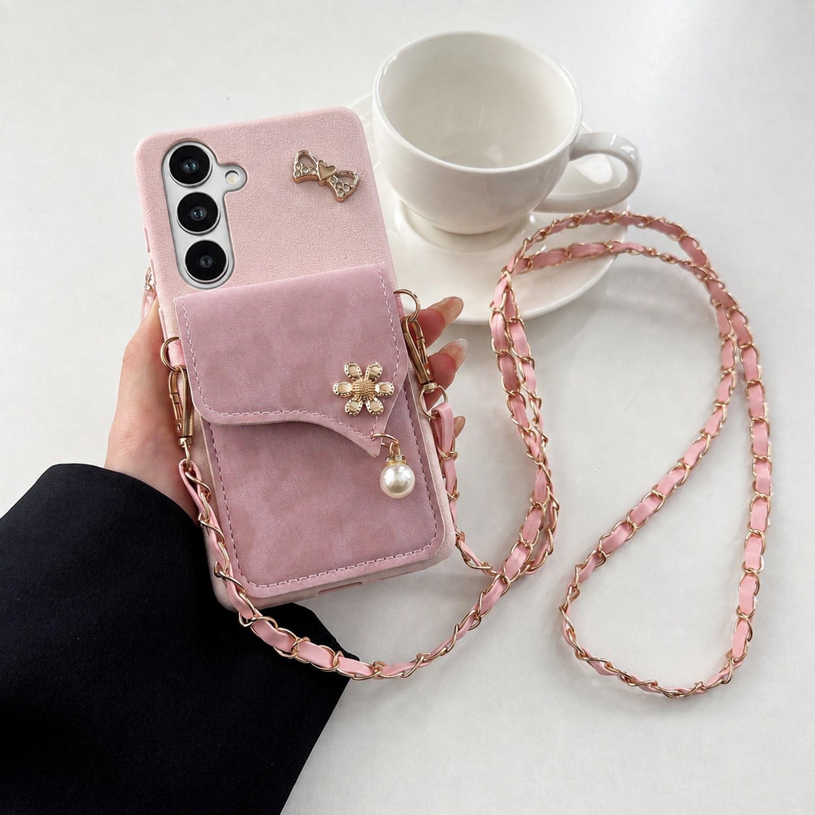 For Galaxy S24 FE 5G Leather Leopard Print Card Bag Phone Case with Crossbody Chain(Pink) - Shopkiz.com