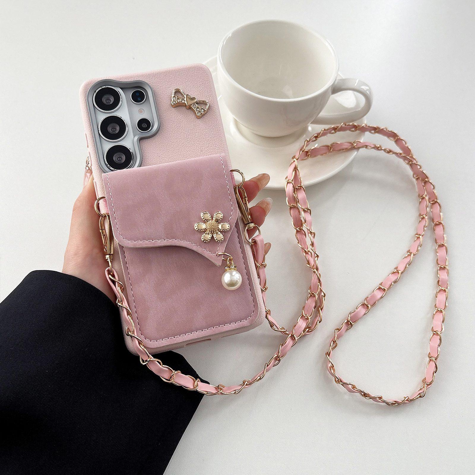 For Galaxy S24 Ultra 5G Leather Leopard Print Card Bag Phone Case with Crossbody Chain(Pink) - Shopkiz.com