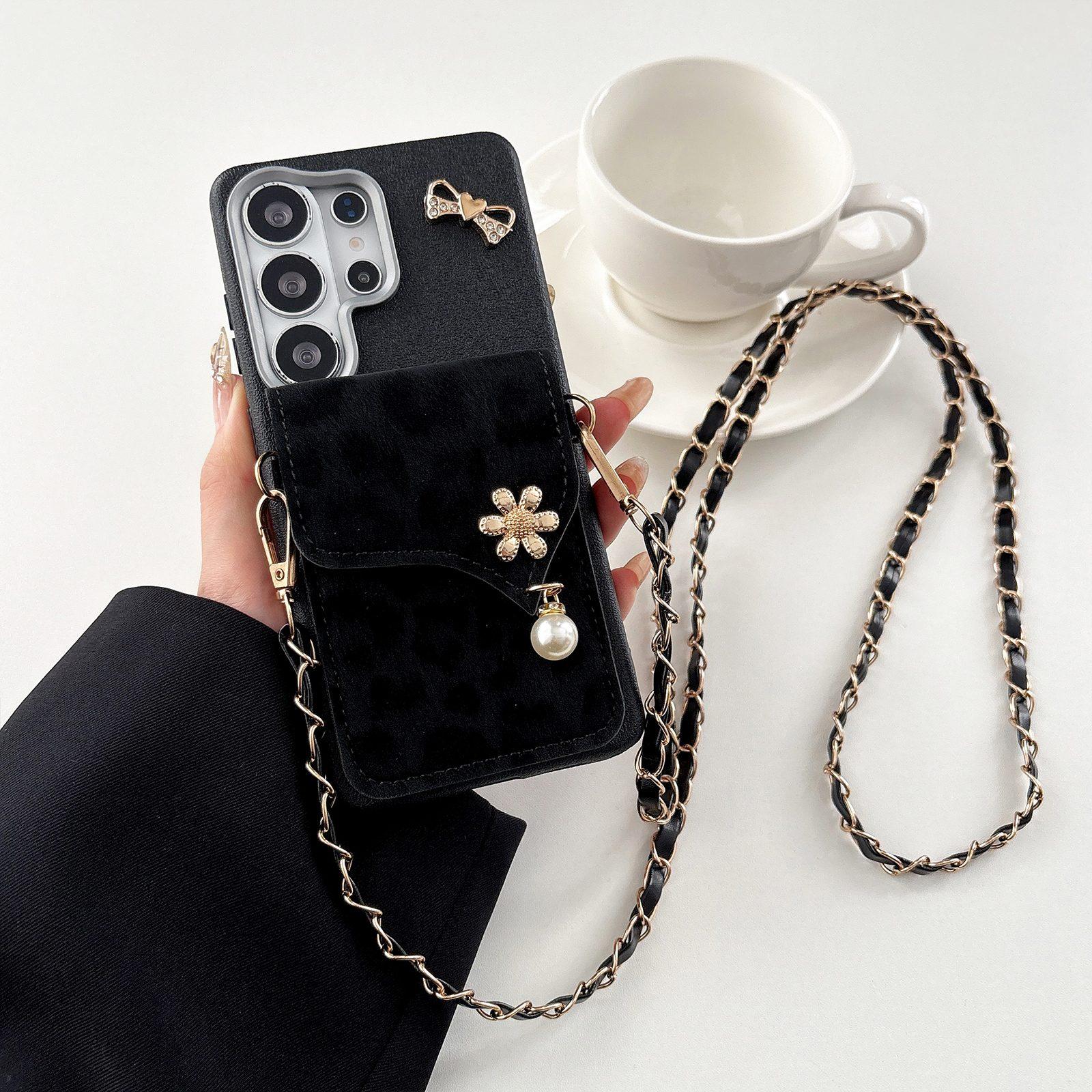 For Galaxy S24 Ultra 5G Leather Leopard Print Card Bag Phone Case with Crossbody Chain(Black) - Shopkiz.com