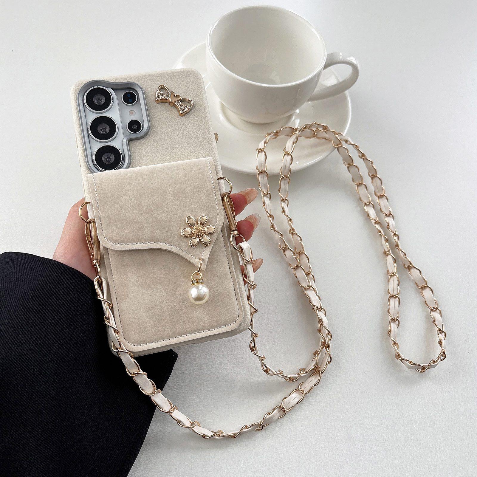 For Galaxy S24 Ultra 5G Leather Leopard Print Card Bag Phone Case with Crossbody Chain(Apricot) - Shopkiz.com