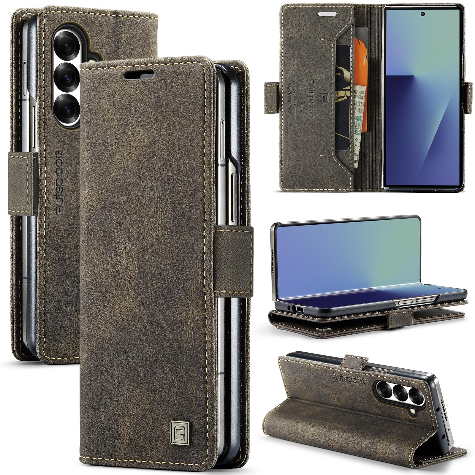 For Galaxy Z Fold7 5G AutSpace A01 Retro Skin-feel Crazy Horse RFID Leather Phone Case(Coffee) - Shopkiz.com