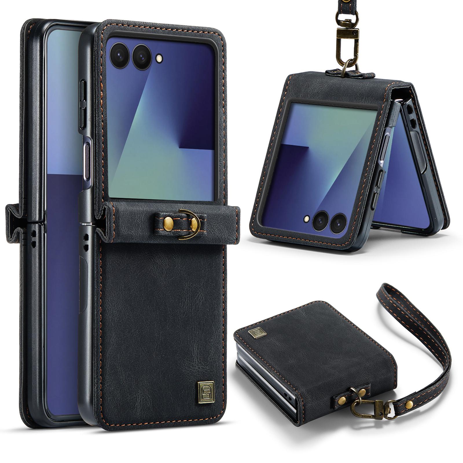 For Galaxy Z Flip7 5G AutSpace A01 Retro Skin-feel Crazy Horse RFID Leather Phone Case(Black) - Shopkiz.com
