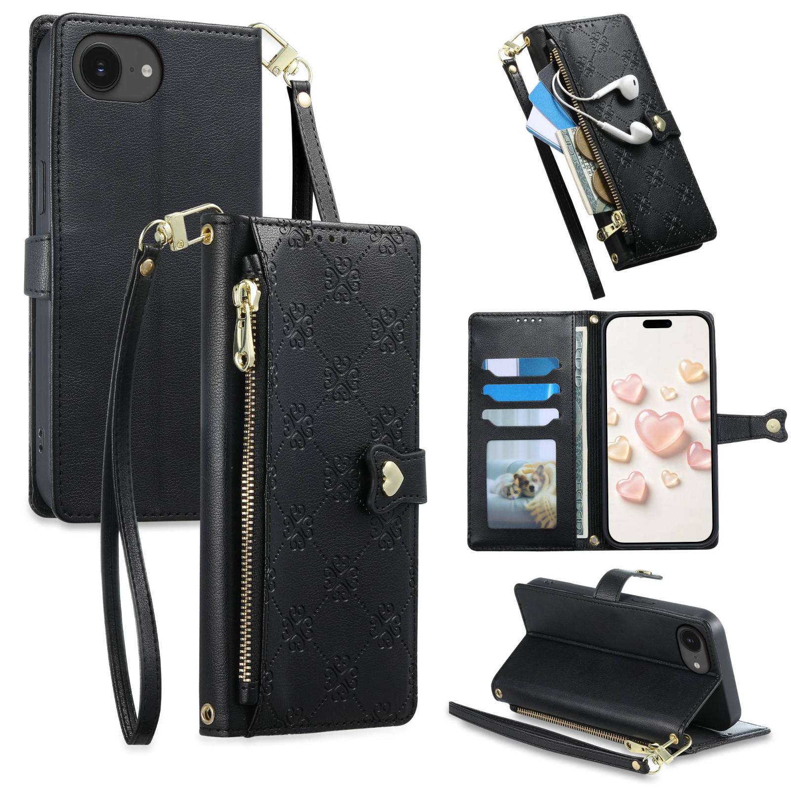 For iPhone 17e / 16e Zipper Wallet Heart Buckle Vegan Leather Phone Case with Wrist Strap(Black) - Shopkiz.com