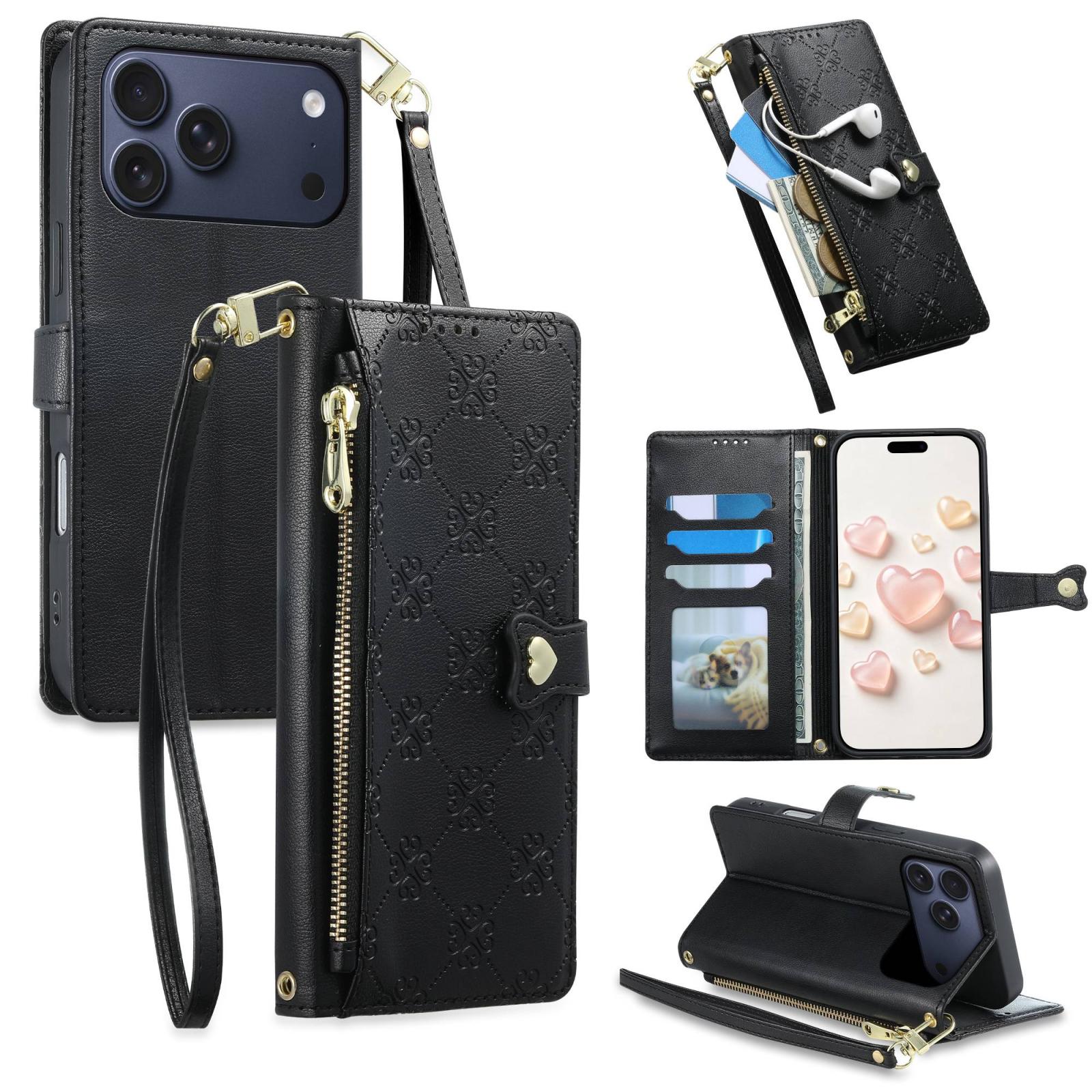 For iPhone 17 Pro Max Zipper Wallet Heart Buckle Vegan Leather Phone Case with Wrist Strap(Black) - Shopkiz.com