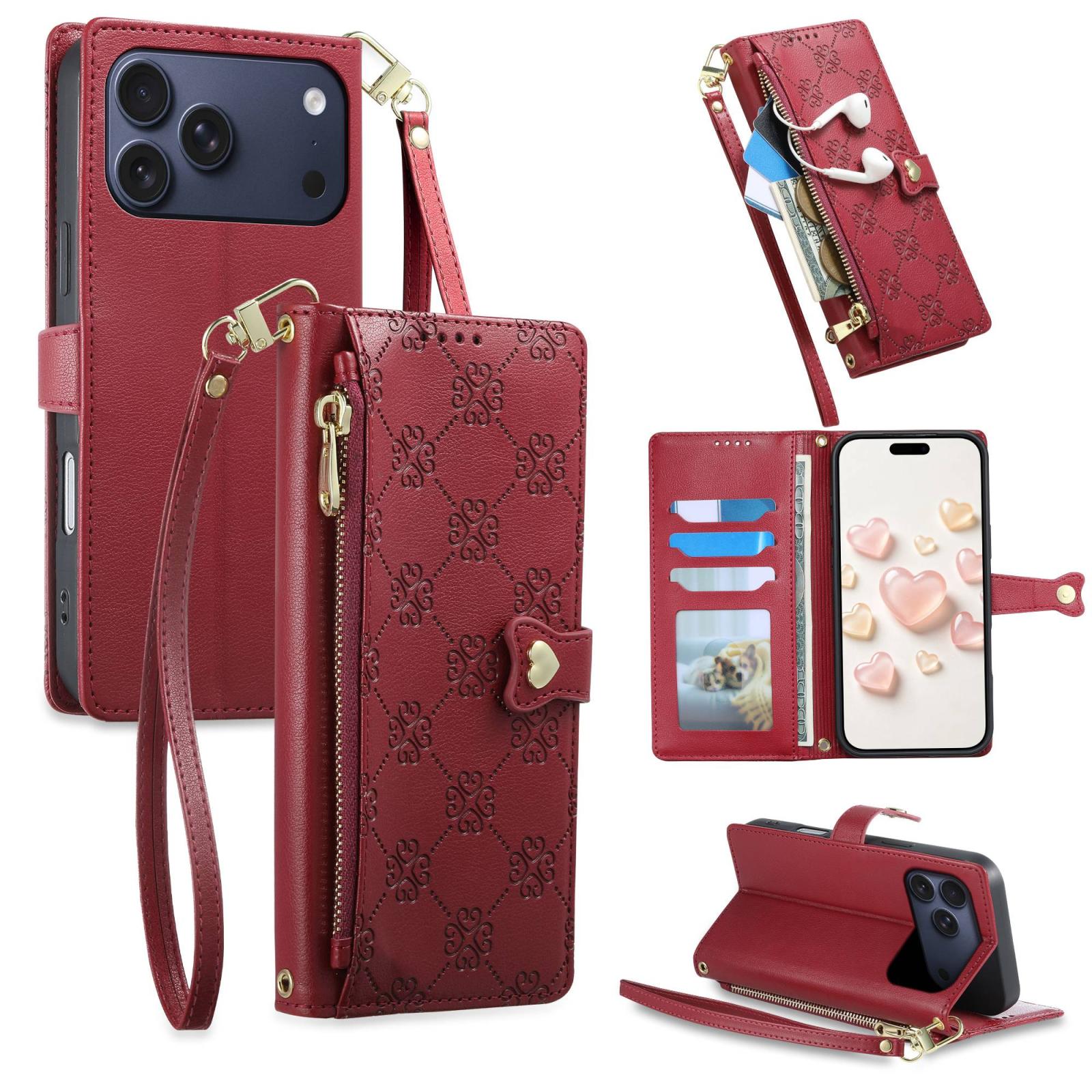 For iPhone 17 Pro Max Zipper Wallet Heart Buckle Vegan Leather Phone Case with Wrist Strap(Red) - Shopkiz.com