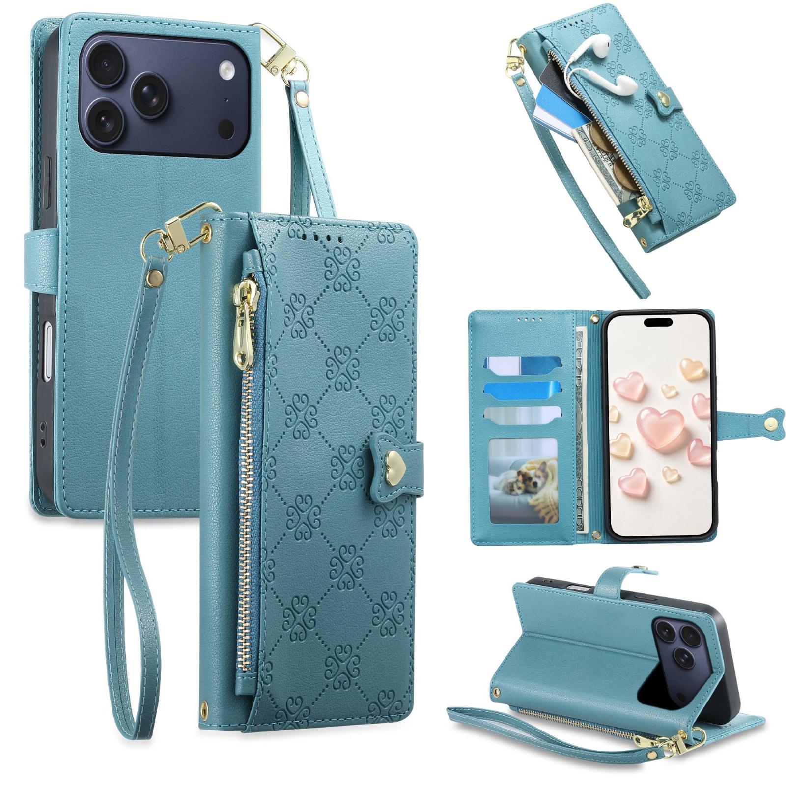 For iPhone 17 Pro Zipper Wallet Heart Buckle Vegan Leather Phone Case with Wrist Strap(Lake Blue) - Shopkiz.com