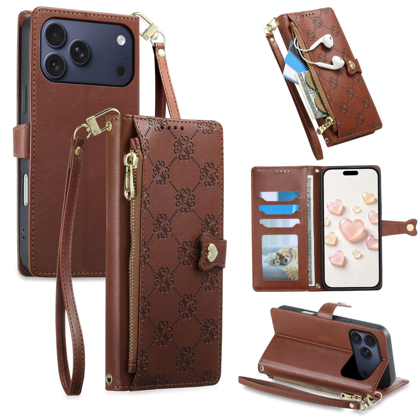 For iPhone 17 Pro Zipper Wallet Heart Buckle Vegan Leather Phone Case with Wrist Strap(Brown) - Shopkiz.com