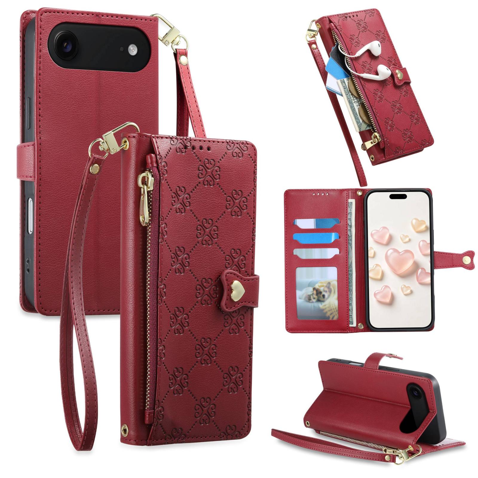 For iPhone Air Zipper Wallet Heart Buckle Vegan Leather Phone Case with Wrist Strap(Red) - Shopkiz.com