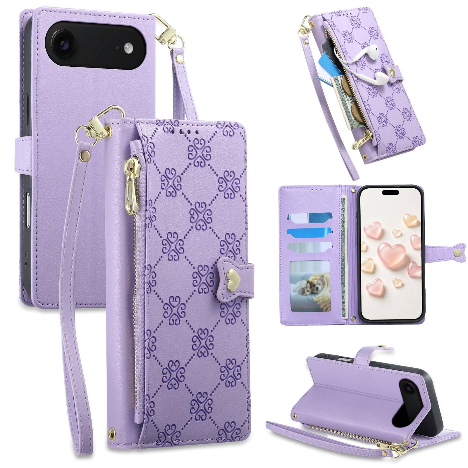 For iPhone Air Zipper Wallet Heart Buckle Vegan Leather Phone Case with Wrist Strap(Purple) - Shopkiz.com