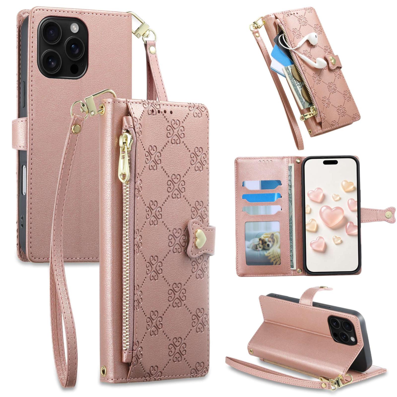 For iPhone 16 Pro Max Zipper Wallet Heart Buckle Vegan Leather Phone Case with Wrist Strap(Pink) - Shopkiz.com