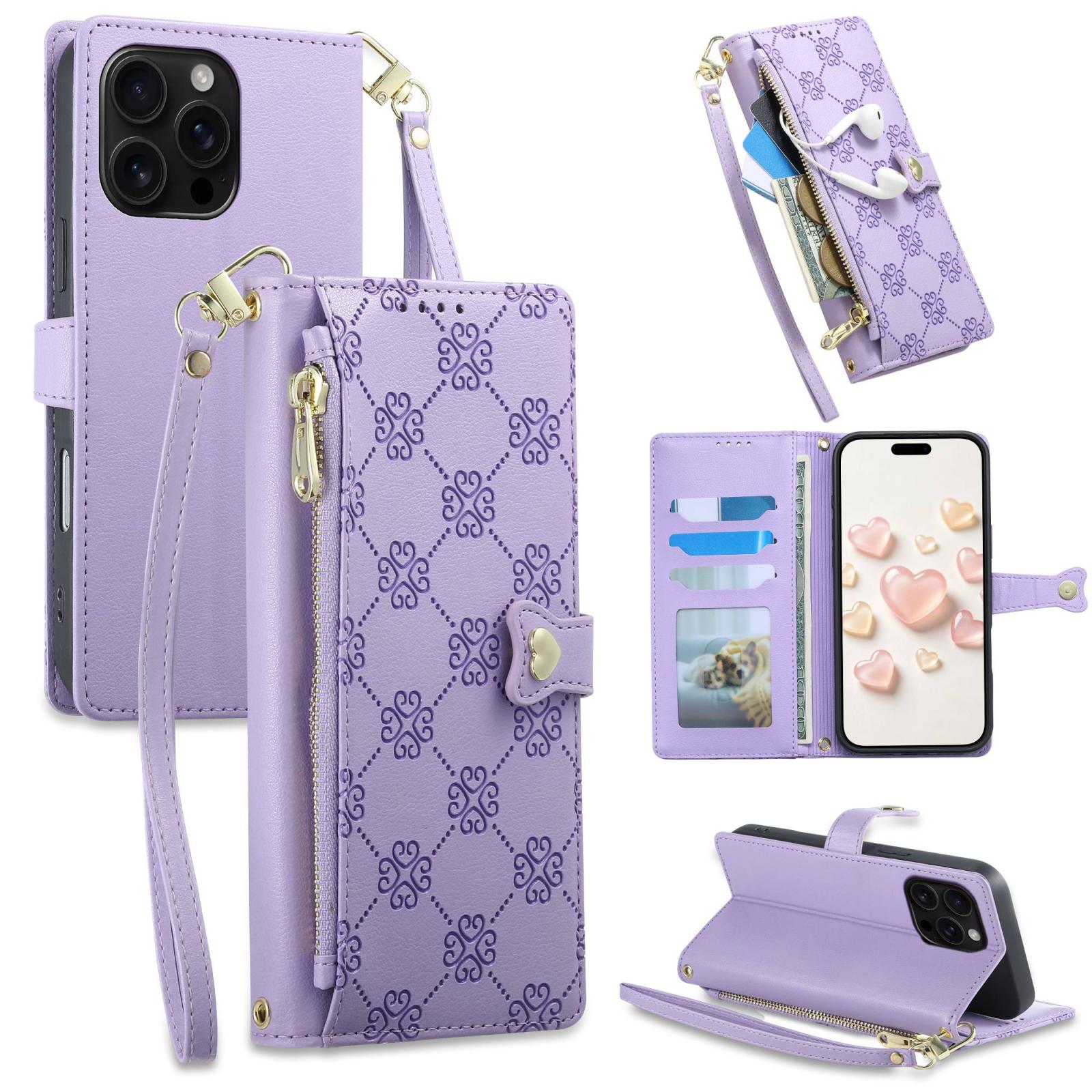 For iPhone 16 Pro Max Zipper Wallet Heart Buckle Vegan Leather Phone Case with Wrist Strap(Purple) - Shopkiz.com