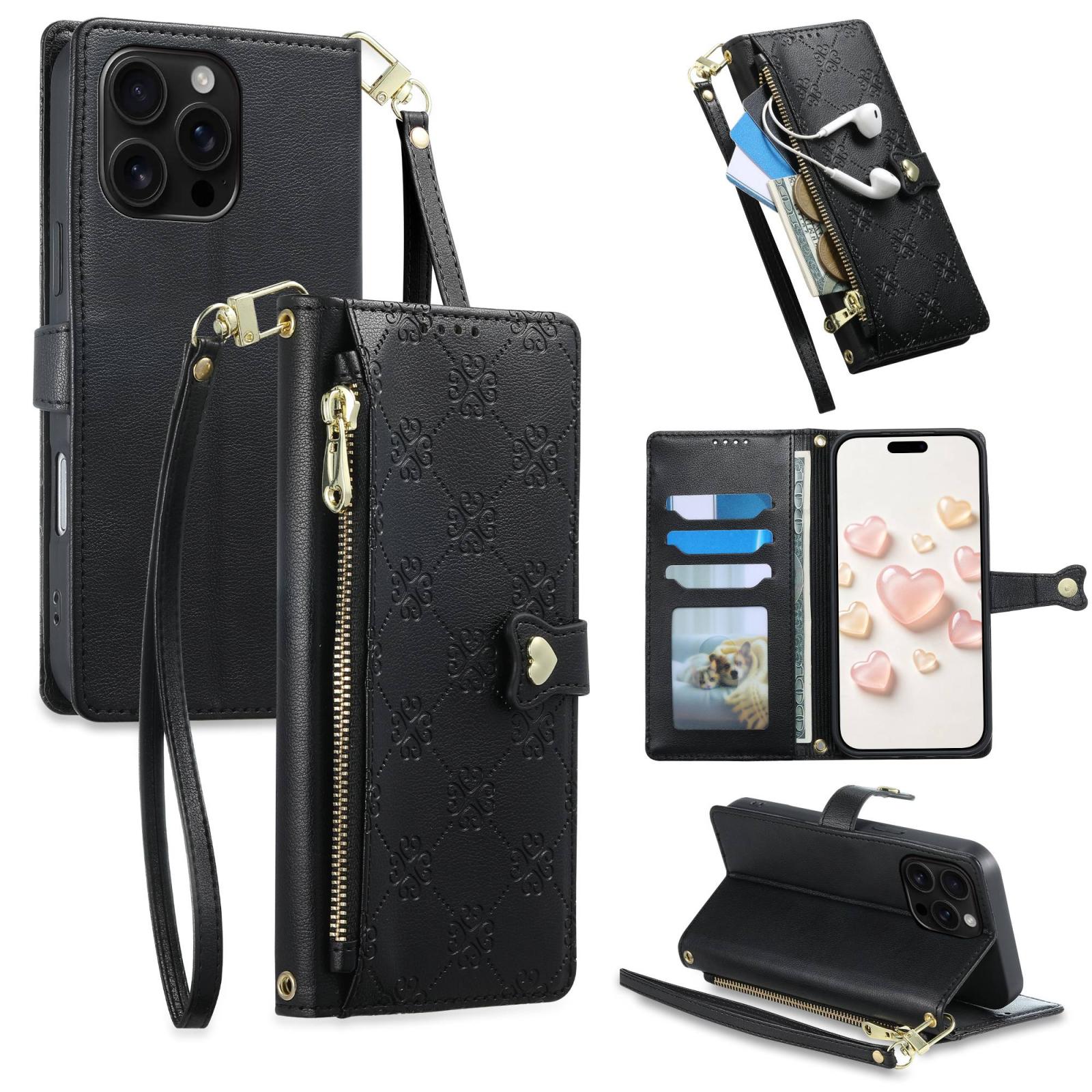 For iPhone 16 Pro Zipper Wallet Heart Buckle Vegan Leather Phone Case with Wrist Strap(Black) - Shopkiz.com