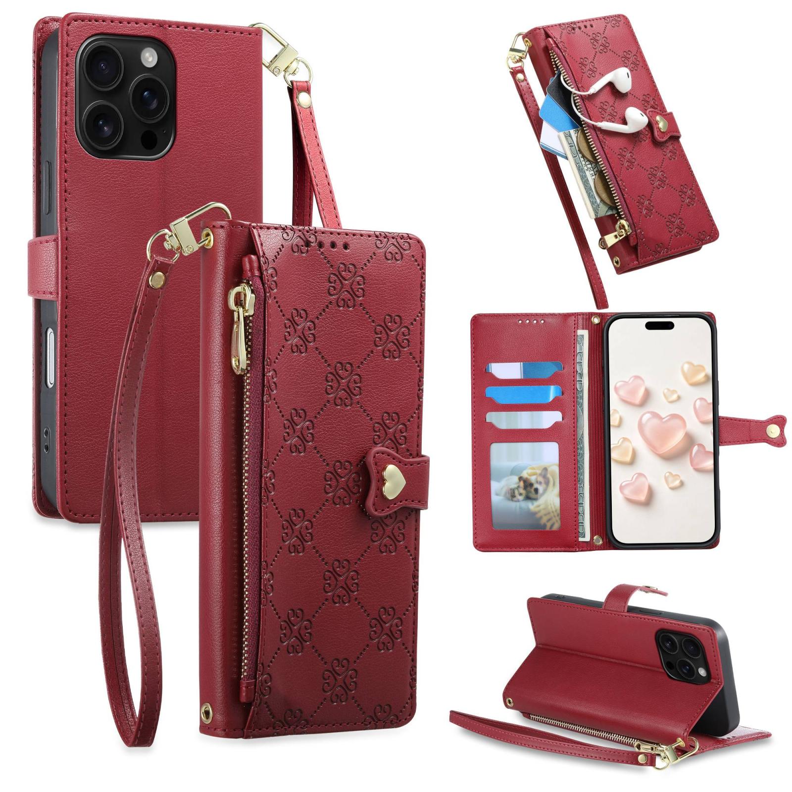 For iPhone 16 Pro Zipper Wallet Heart Buckle Vegan Leather Phone Case with Wrist Strap(Red) - Shopkiz.com