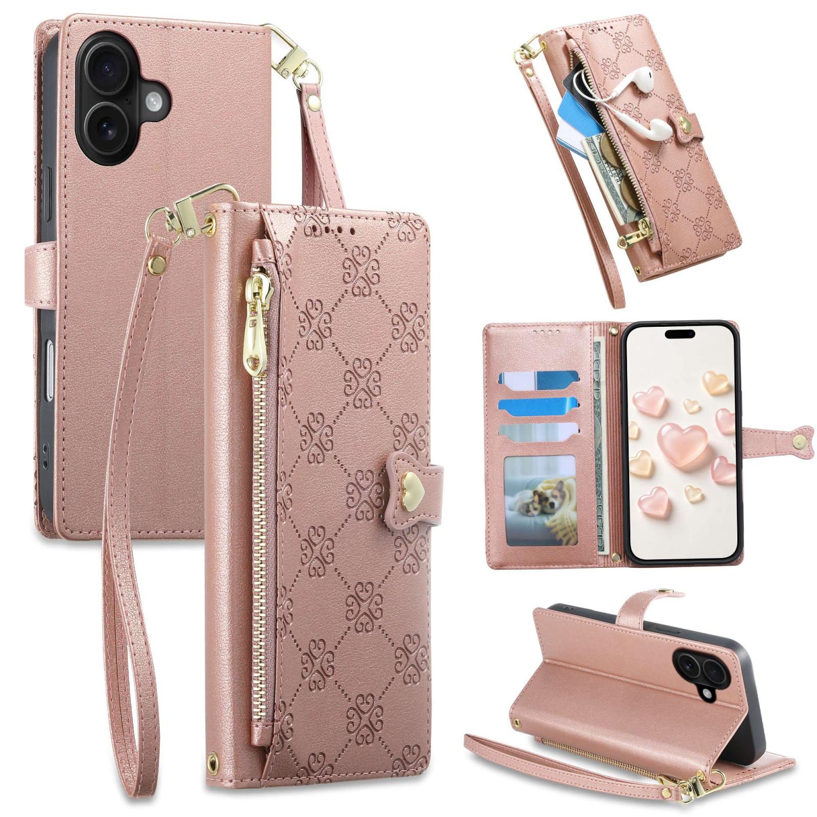 For iPhone 16 Plus Zipper Wallet Heart Buckle Vegan Leather Phone Case with Wrist Strap(Pink) - Shopkiz.com