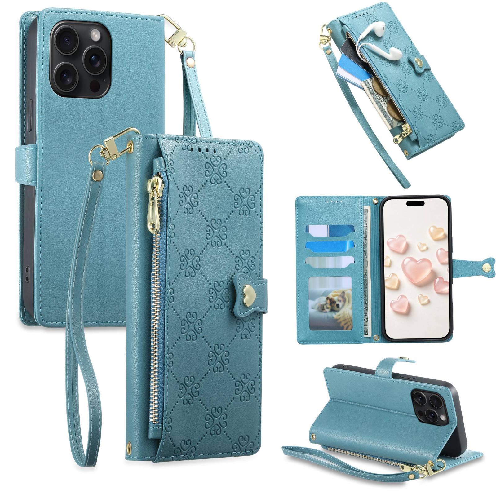 For iPhone 15 Pro Max Zipper Wallet Heart Buckle Vegan Leather Phone Case with Wrist Strap(Lake Blue) - Shopkiz.com