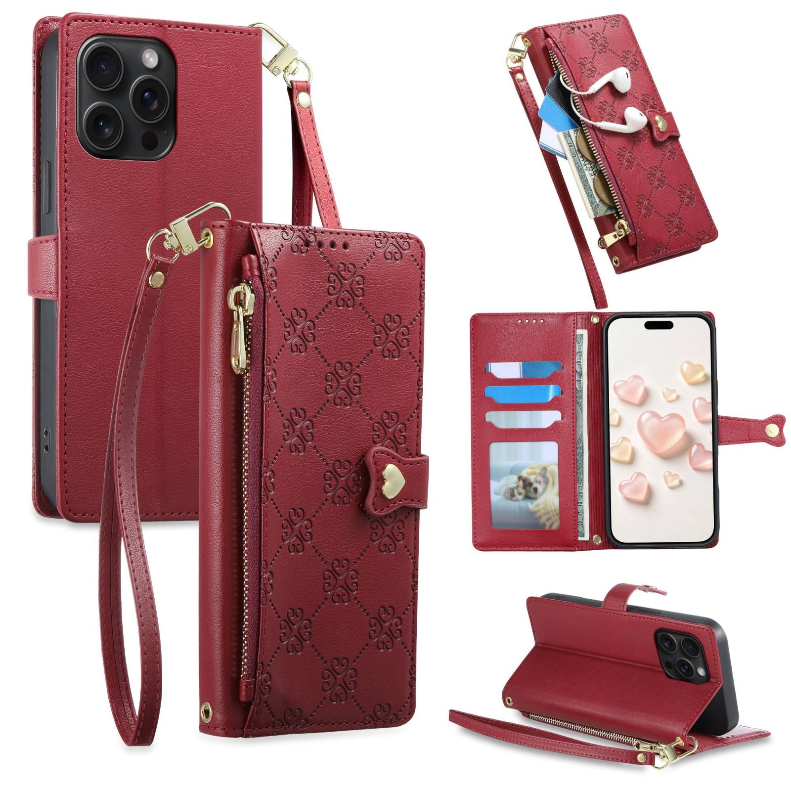For iPhone 15 Pro Max Zipper Wallet Heart Buckle Vegan Leather Phone Case with Wrist Strap(Red) - Shopkiz.com