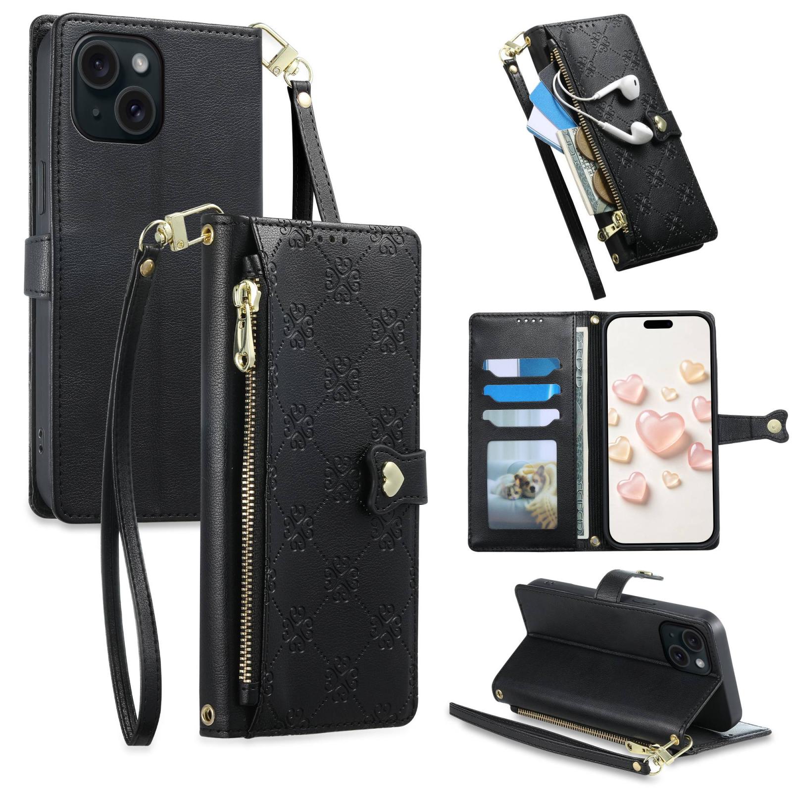 For iPhone 15 Plus Zipper Wallet Heart Buckle Vegan Leather Phone Case with Wrist Strap(Black) - Shopkiz.com