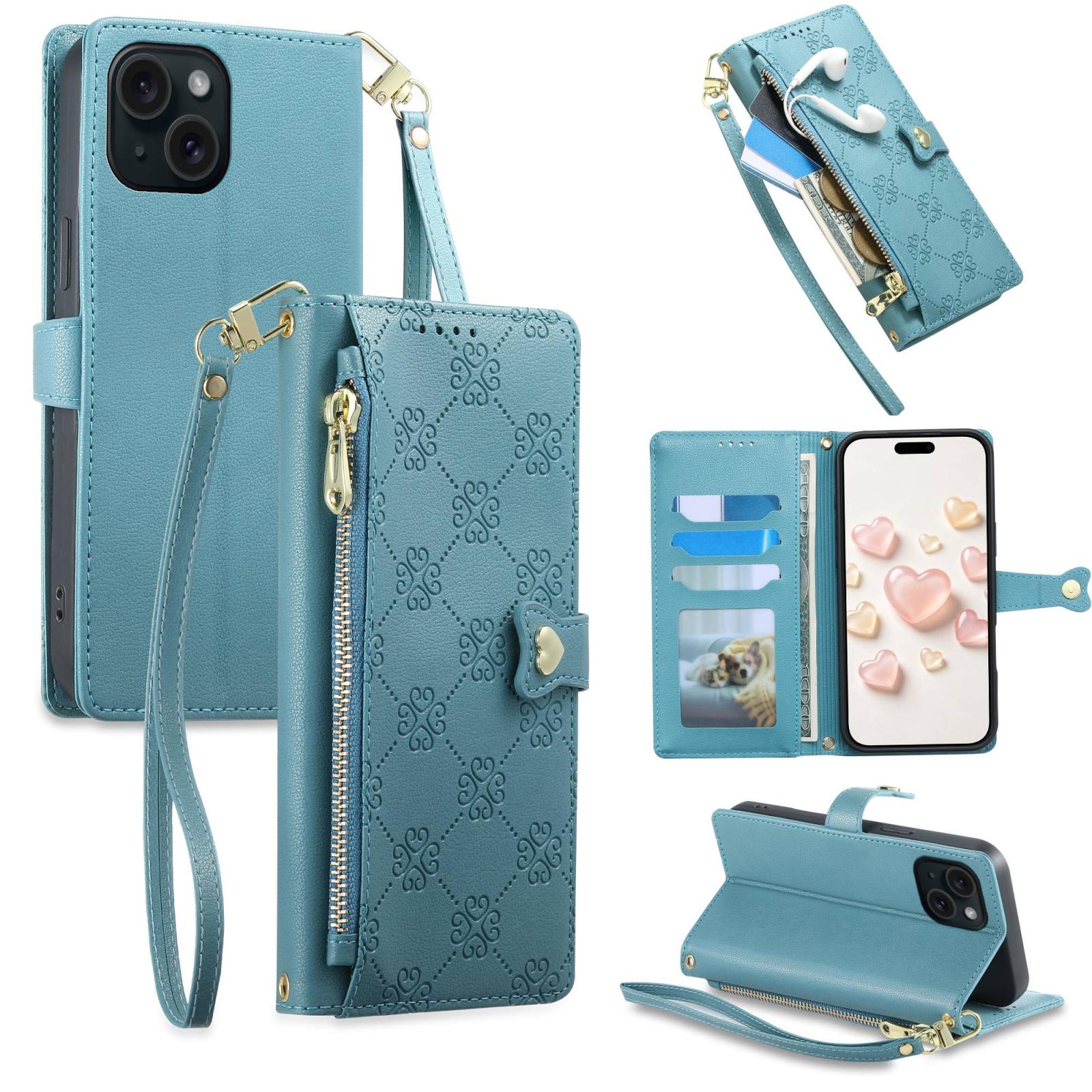 For iPhone 15 Zipper Wallet Heart Buckle Vegan Leather Phone Case with Wrist Strap(Lake Blue) - Shopkiz.com