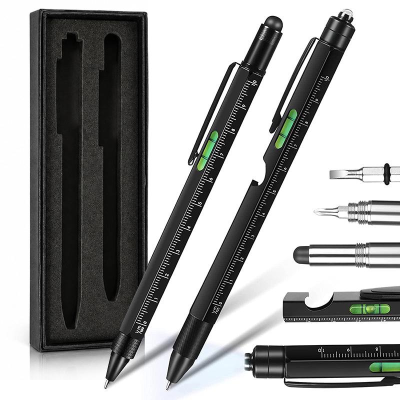 Multifunctional Metal Ballpoint Tool Pen Gift Set with Light, Bottle Opener, Stylus, and Ruler, Specification:Lid and Base Box(Black+Black) -