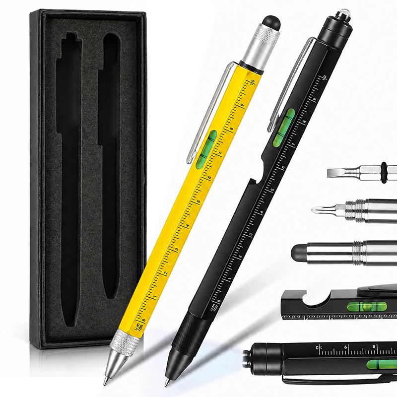 Multifunctional Metal Ballpoint Tool Pen Gift Set with Light, Bottle Opener, Stylus, and Ruler, Specification:Lid and Base Box(Yellow+Black) -