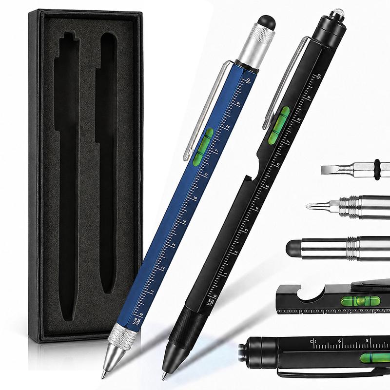 Multifunctional Metal Ballpoint Tool Pen Gift Set with Light, Bottle Opener, Stylus, and Ruler, Specification:Lid and Base Box(Dark Blue+Black) -