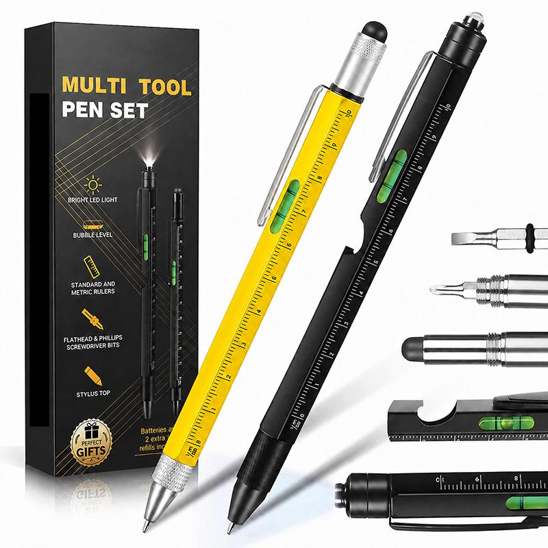 Multifunctional Metal Ballpoint Tool Pen Gift Set with Light, Bottle Opener, Stylus, and Ruler, Specification:Color Box(Yellow+Black) - Shopkiz.com