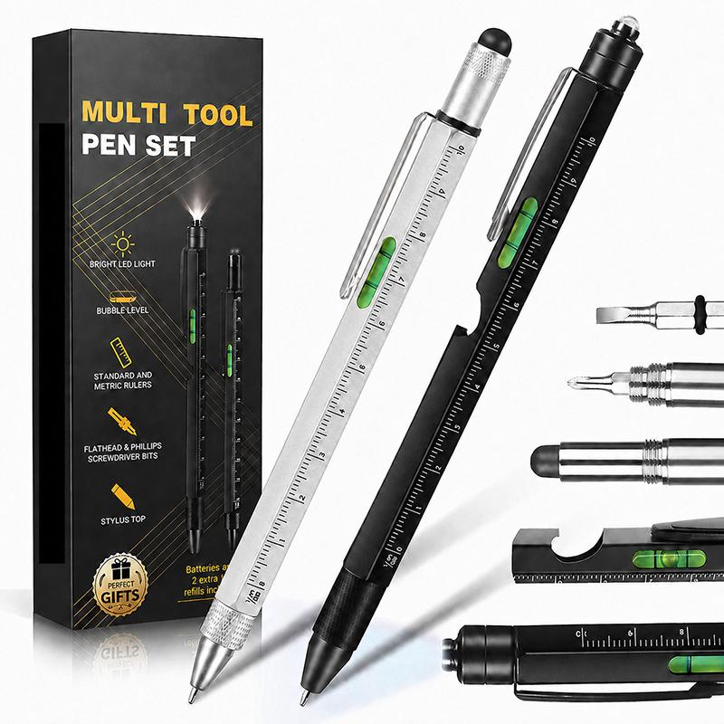 Multifunctional Metal Ballpoint Tool Pen Gift Set with Light, Bottle Opener, Stylus, and Ruler, Specification:Color Box(Silver+Black) - Shopkiz.com