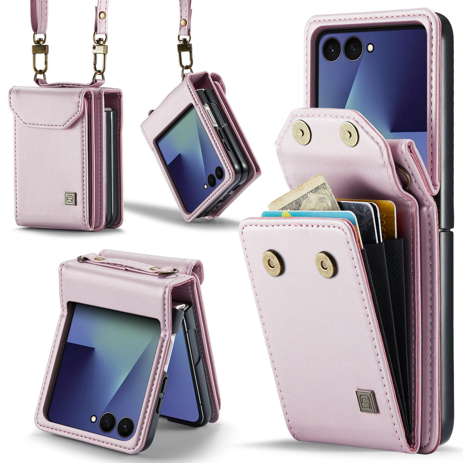 For Galaxy Z Flip8 5G AutSpace A03 Accordion Card Bag RFID Phone Case with Crossbody Strap(Pink) - Shopkiz.com