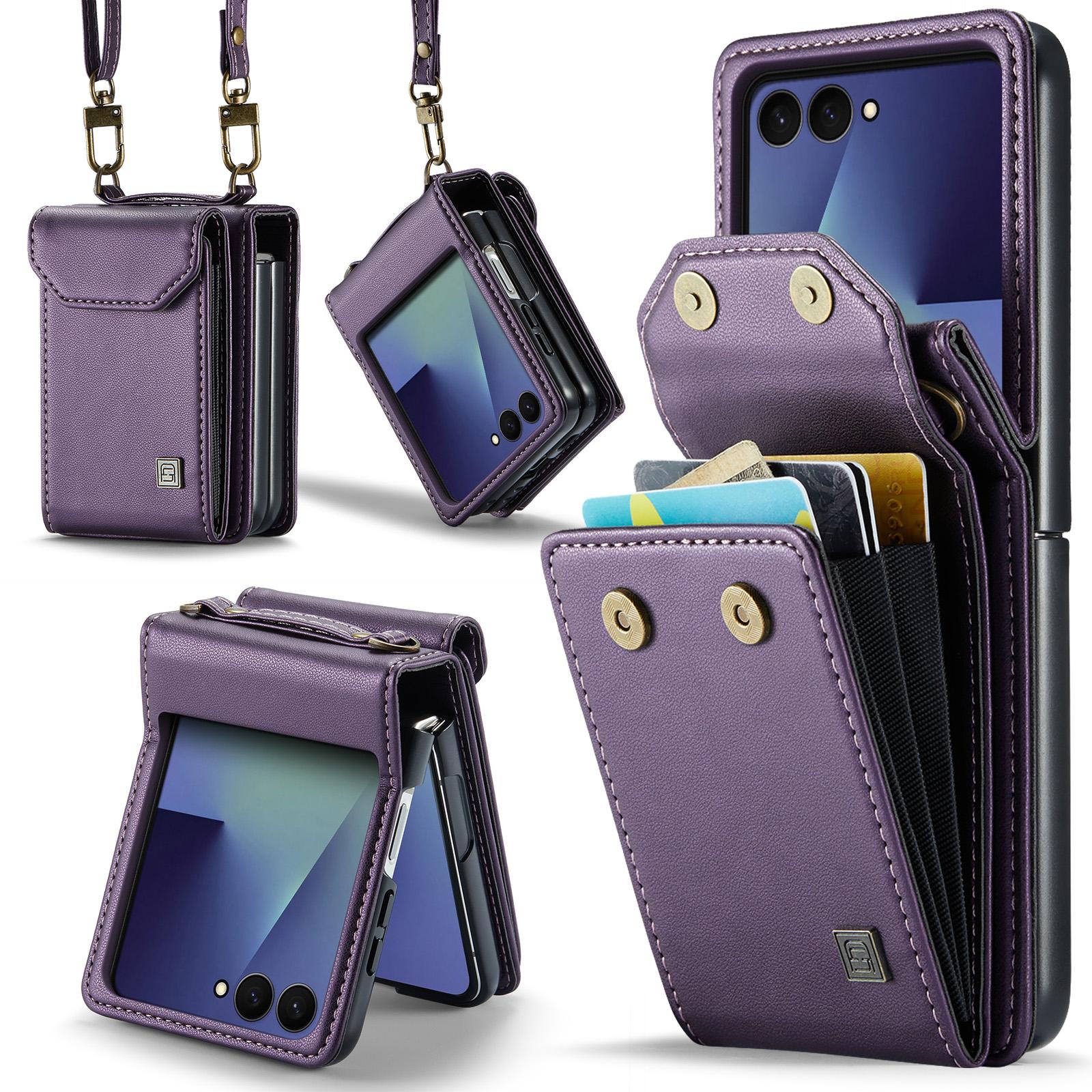 For Galaxy Z Flip8 5G AutSpace A03 Accordion Card Bag RFID Phone Case with Crossbody Strap(Purple) - Shopkiz.com