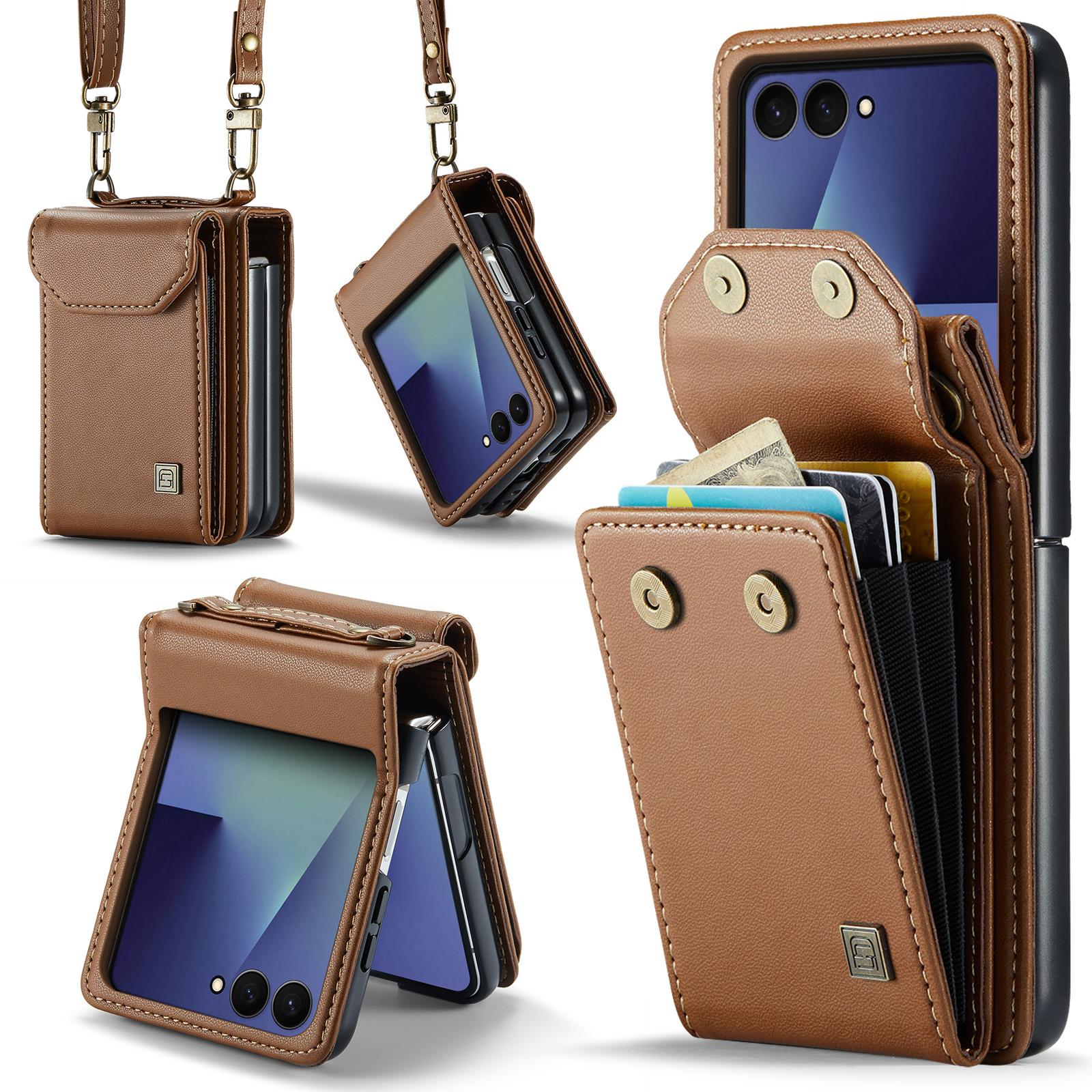 For Galaxy Z Flip8 5G AutSpace A03 Accordion Card Bag RFID Phone Case with Crossbody Strap(Brown) - Shopkiz.com