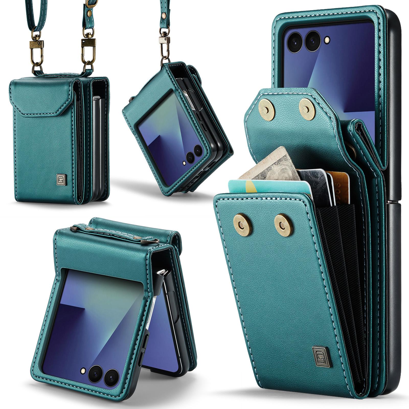 For Galaxy Z Flip8 5G AutSpace A03 Accordion Card Bag RFID Phone Case with Crossbody Strap(Green) - Shopkiz.com
