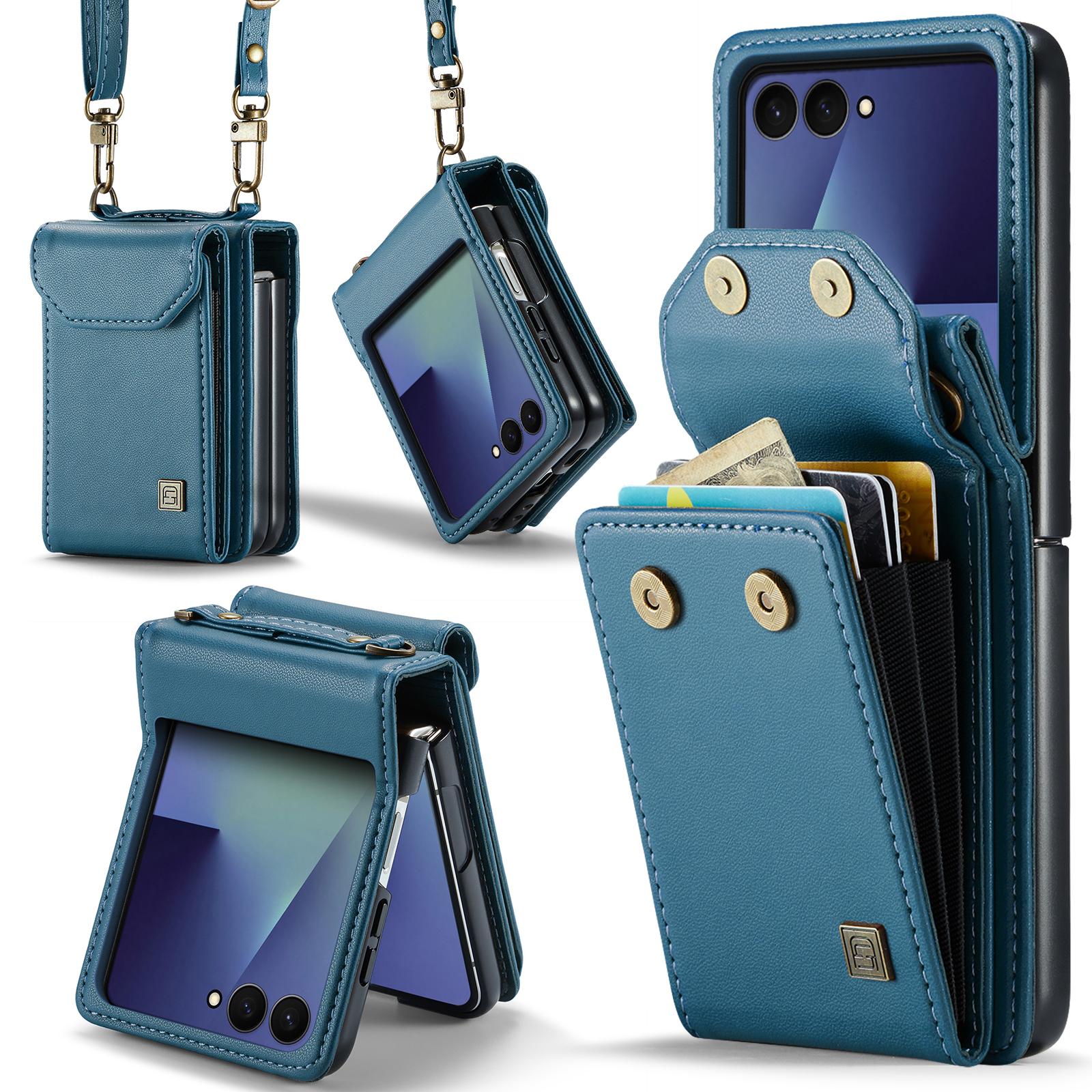 For Galaxy Z Flip8 5G AutSpace A03 Accordion Card Bag RFID Phone Case with Crossbody Strap(Dark Blue) - Shopkiz.com