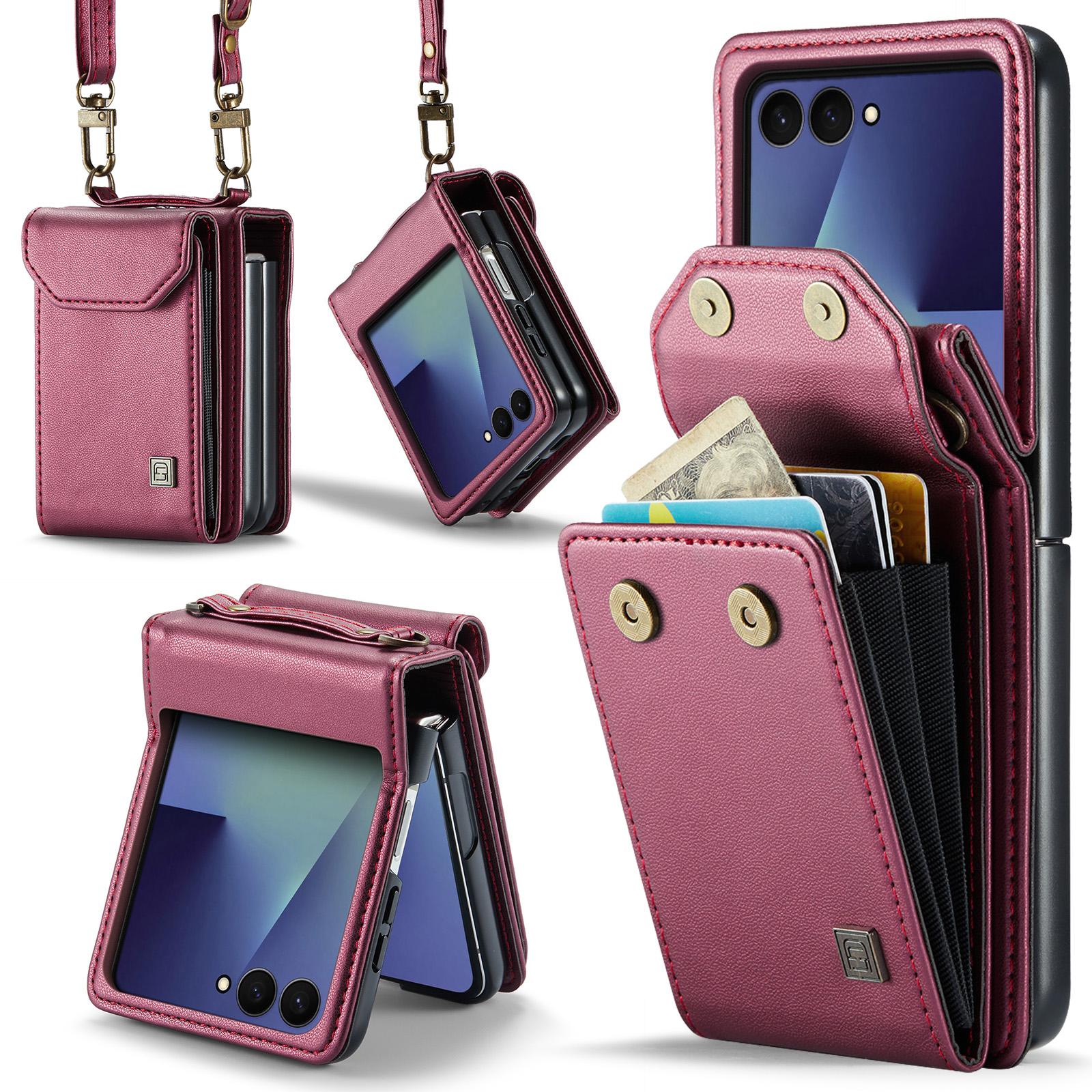 For Galaxy Z Flip7 5G AutSpace A03 Accordion Card Bag RFID Phone Case with Crossbody Strap(Red) - Shopkiz.com
