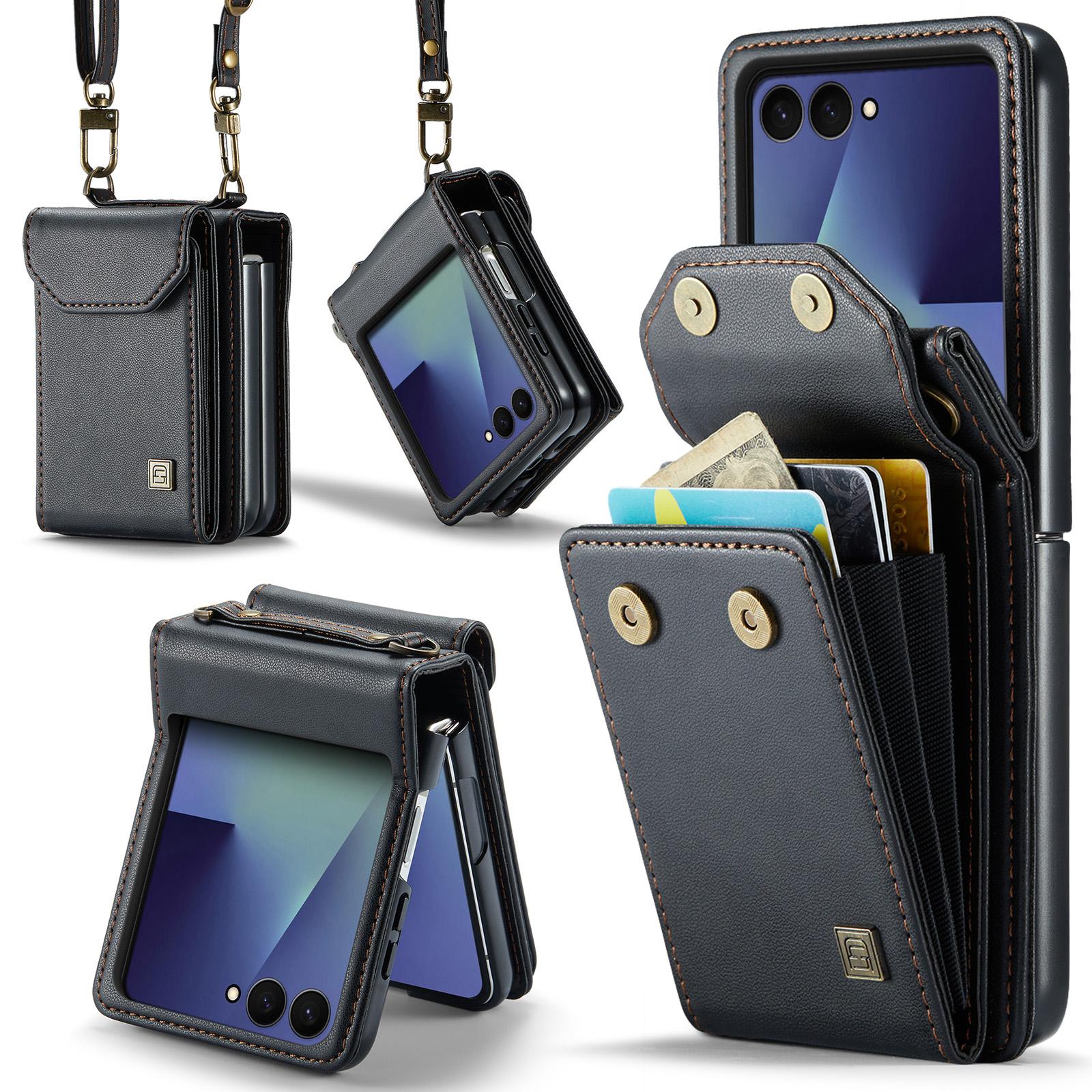 For Galaxy Z Flip7 5G AutSpace A03 Accordion Card Bag RFID Phone Case with Crossbody Strap(Black) - Shopkiz.com