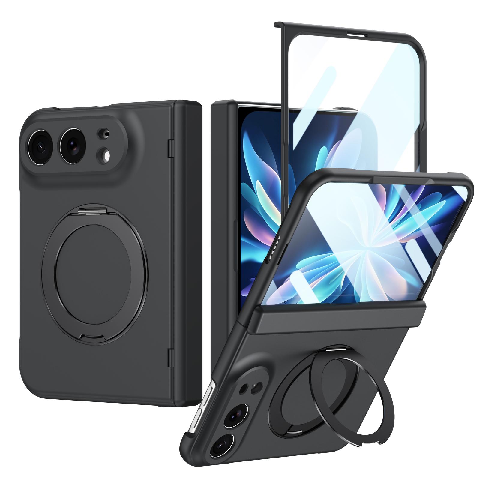 For iPhone Fold Rotation Magnetic Ring Holder Hinge Integrated Film Phone Case(Black) - Shopkiz.com