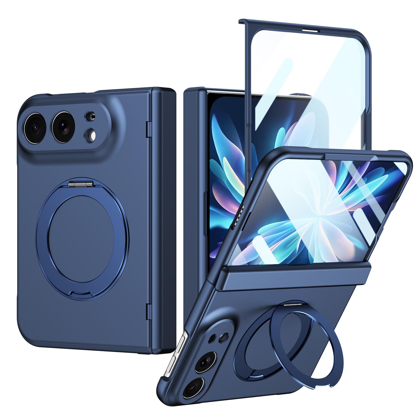 For iPhone Fold Rotation Magnetic Ring Holder Hinge Integrated Film Phone Case(Blue) - Shopkiz.com
