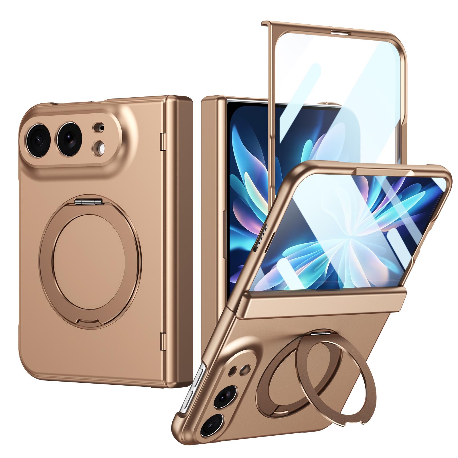 For iPhone Fold Rotation Magnetic Ring Holder Hinge Integrated Film Phone Case(Gold) - Shopkiz.com