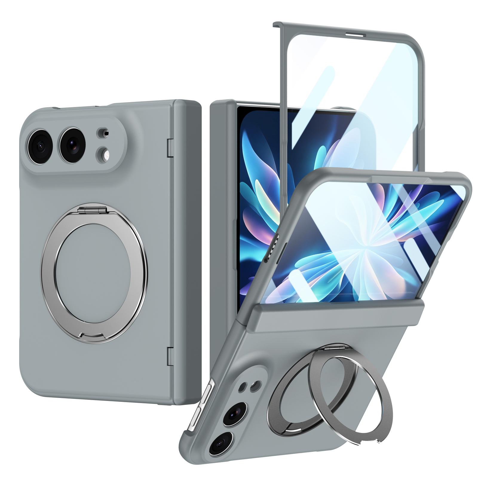 For iPhone Fold Rotation Magnetic Ring Holder Hinge Integrated Film Phone Case(Grey) - Shopkiz.com