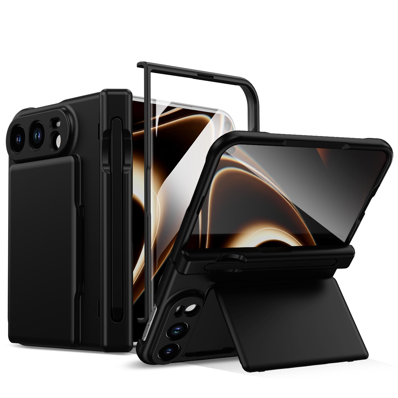 For iPhone Fold Card Bag Holder Hinge Integrated Film Phone Case, No Pen(Black) - Shopkiz.com