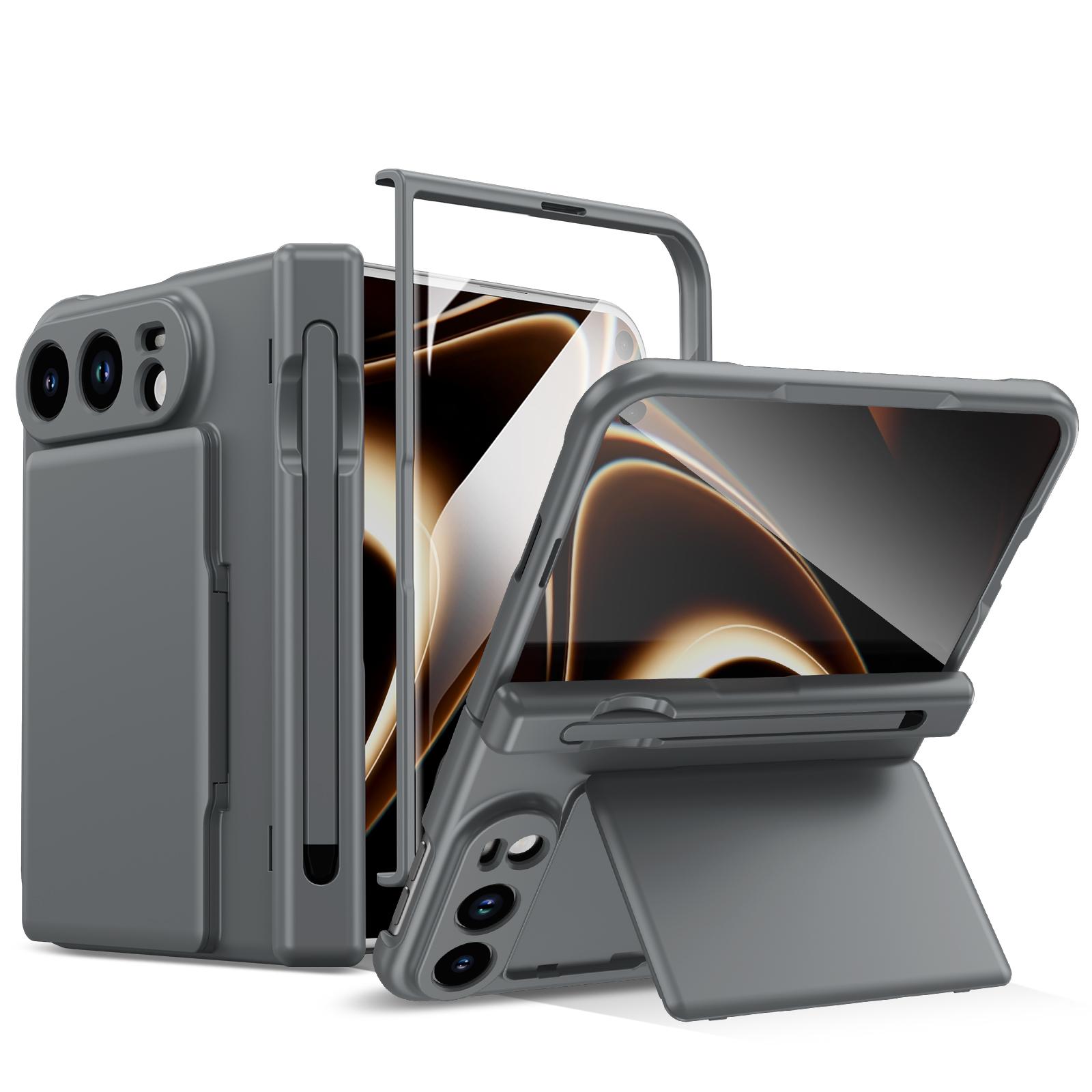 For iPhone Fold Card Bag Holder Hinge Integrated Film Phone Case, No Pen(Grey) - Shopkiz.com