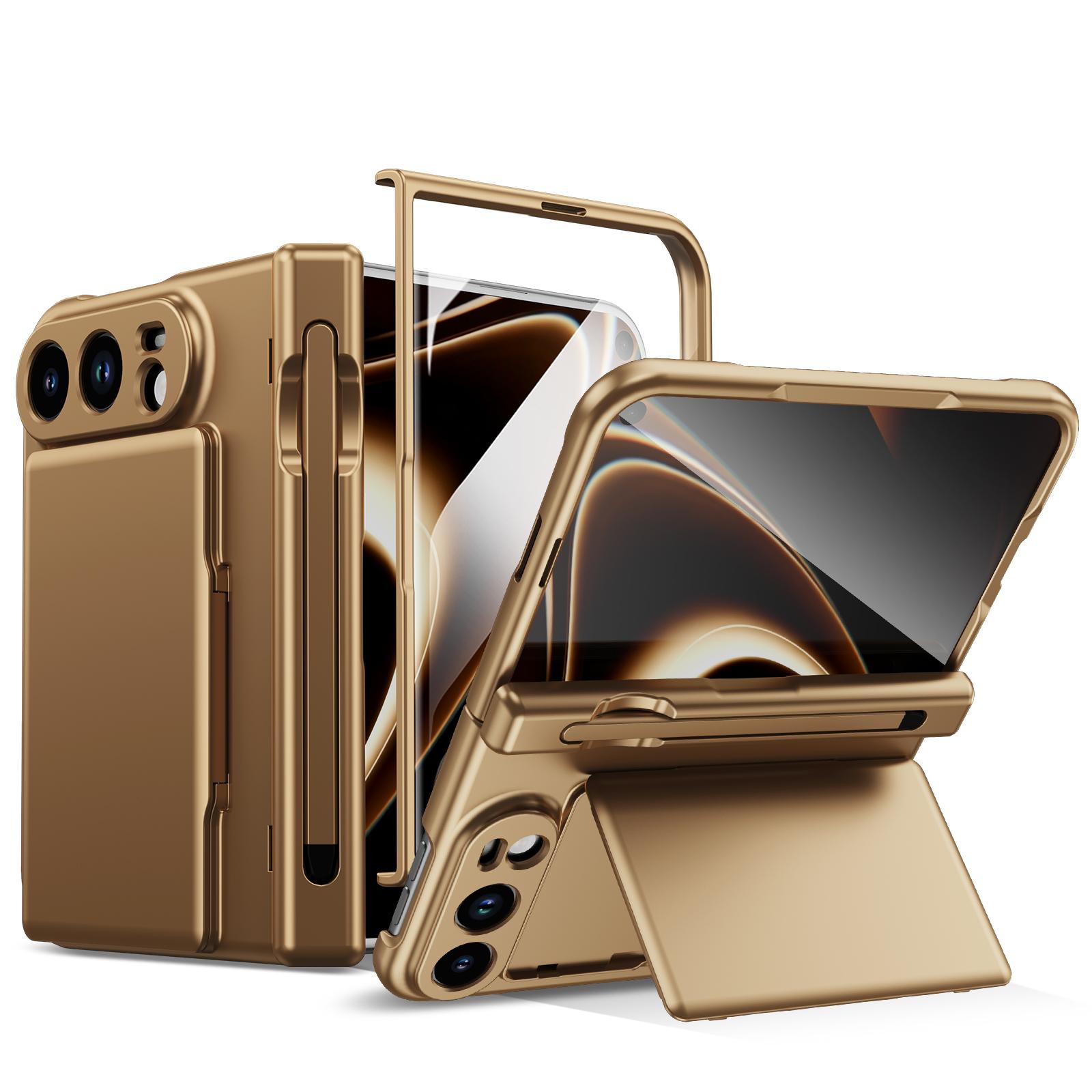 For iPhone Fold Card Bag Holder Hinge Integrated Film Phone Case, No Pen(Gold) - Shopkiz.com