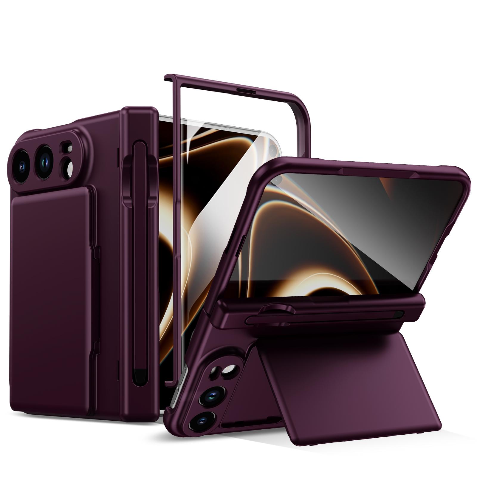 For iPhone Fold Card Bag Holder Hinge Integrated Film Phone Case, No Pen(Purple) - Shopkiz.com