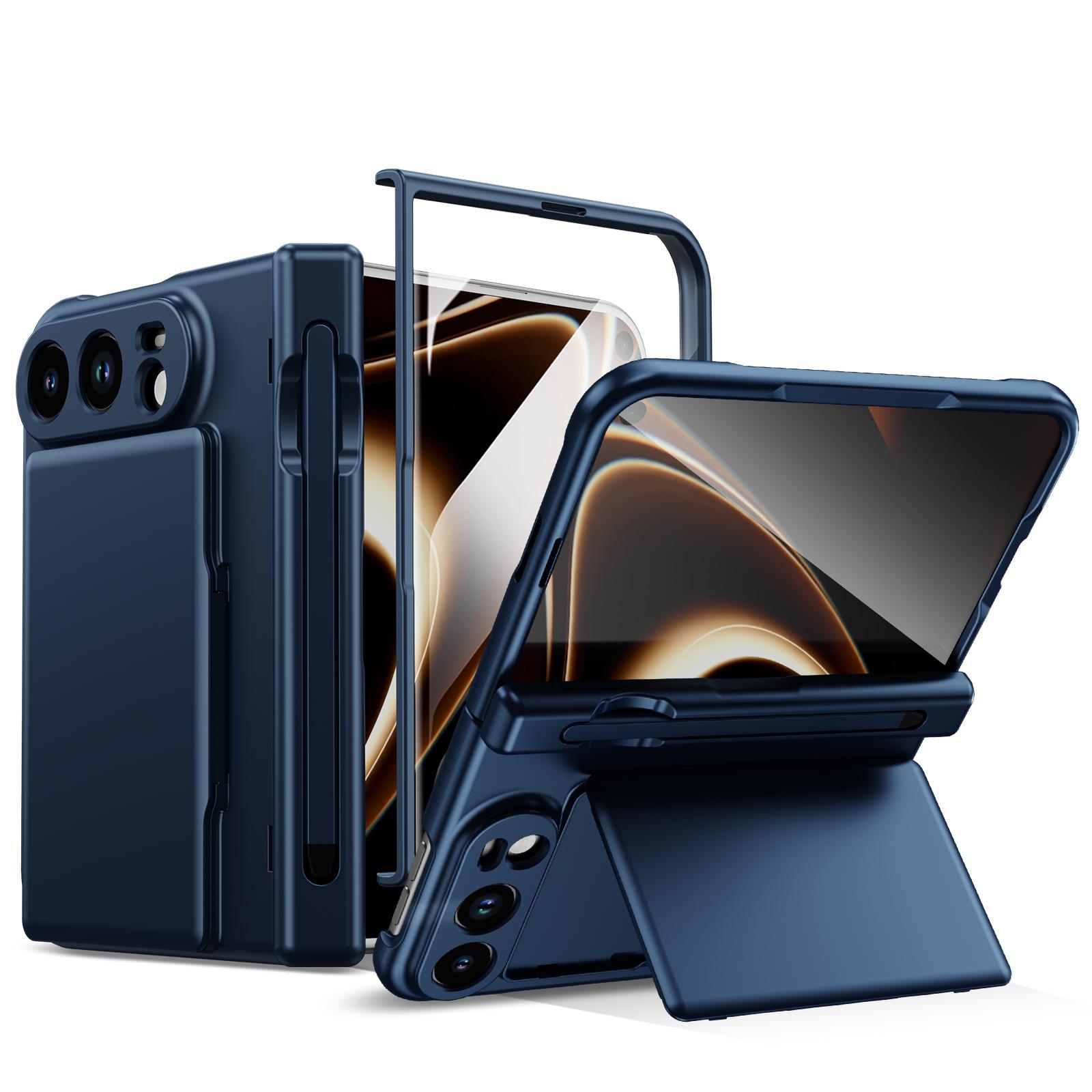 For iPhone Fold Card Bag Holder Hinge Integrated Film Phone Case, No Pen(Blue) - Shopkiz.com